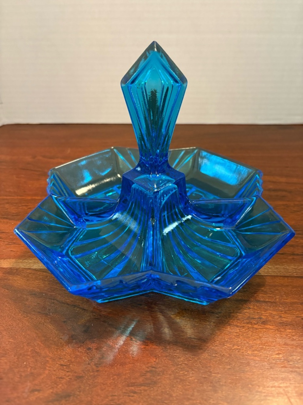 Indiana Glass Tiara Exclusives Divided Relish Dish Horizon Art Deco Blue